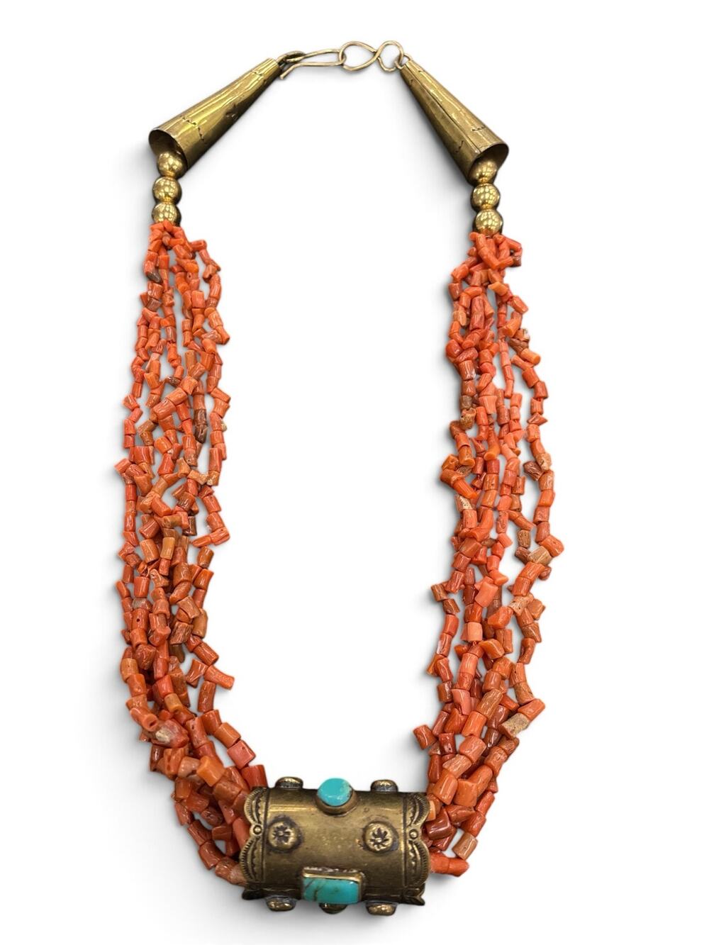 Turquoise and Sea Coral Beaded Brass Necklace